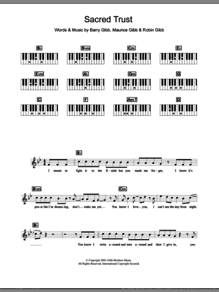 Sacred Trust sheet music for piano solo (chords, lyrics, melody) by One True Voice, Bee Gees, Barry Gibb, Maurice Gibb and Robin Gibb, intermediate piano (chords, lyrics, melody)
