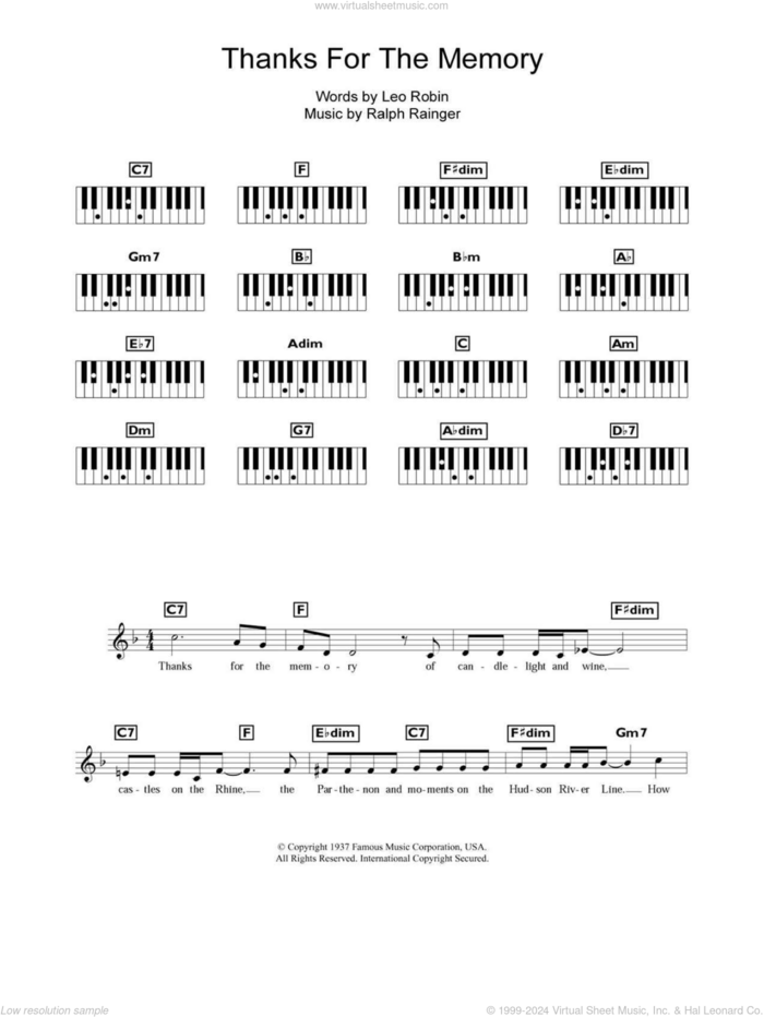 Thanks For The Memory sheet music for piano solo (chords, lyrics, melody) by Bob Hope, Leo Robin and Ralph Rainger, intermediate piano (chords, lyrics, melody)