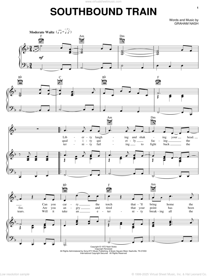 Southbound Train sheet music for voice, piano or guitar by Crosby, Stills & Nash and Graham Nash, intermediate skill level