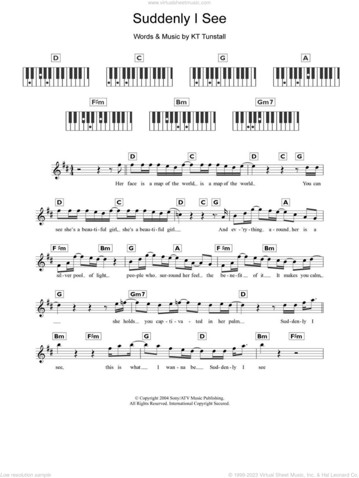 Suddenly I See sheet music for piano solo (chords, lyrics, melody) by KT Tunstall, intermediate piano (chords, lyrics, melody)