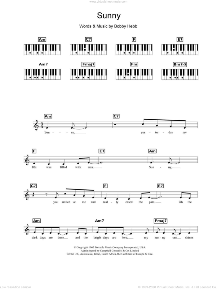 Sunny sheet music for piano solo (chords, lyrics, melody) by Bobby Hebb, intermediate piano (chords, lyrics, melody)