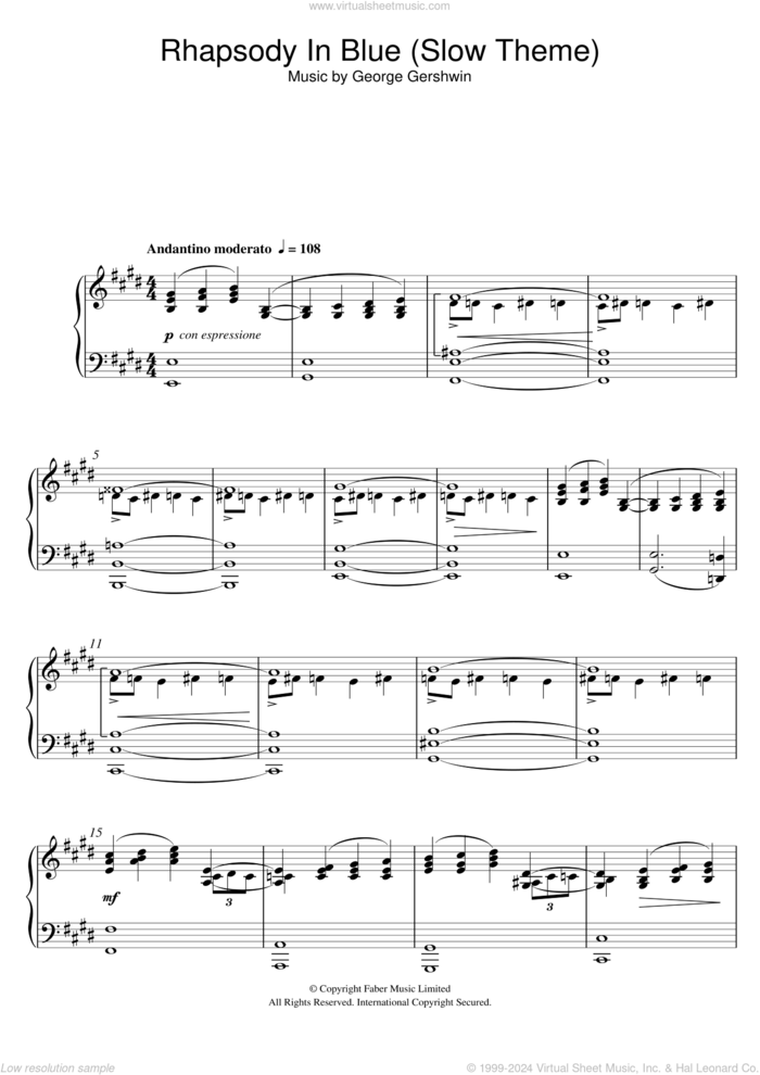 Rhapsody In Blue (Slow Theme), (intermediate) (Slow Theme) sheet music for piano solo by George Gershwin, intermediate skill level