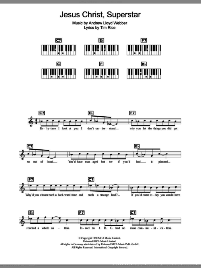 Superstar sheet music for piano solo (chords, lyrics, melody) by Andrew Lloyd Webber, Jesus Christ Superstar (Musical) and Tim Rice, intermediate piano (chords, lyrics, melody)