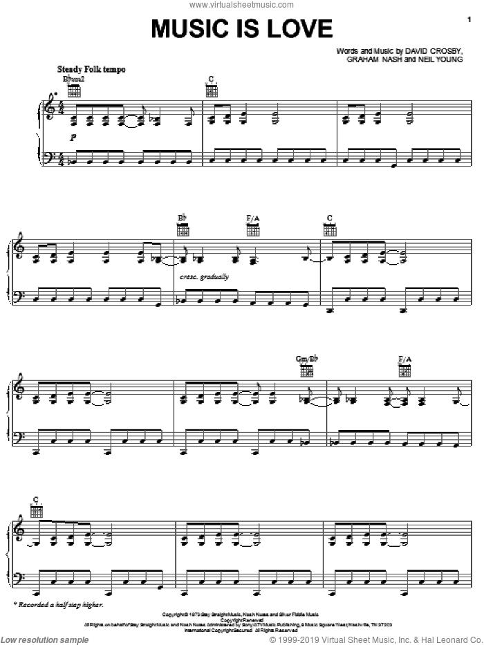 Music Is Love sheet music for voice, piano or guitar by Crosby, Stills & Nash, David Crosby, Graham Nash and Neil Young, intermediate skill level