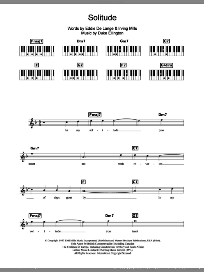 Solitude sheet music for piano solo (chords, lyrics, melody) by Duke Ellington, Eddie DeLange and Irving Mills, intermediate piano (chords, lyrics, melody)
