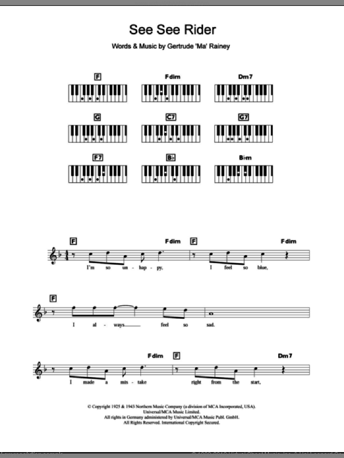 See See Rider sheet music for piano solo (chords, lyrics, melody) by Ma Rainey, intermediate piano (chords, lyrics, melody)