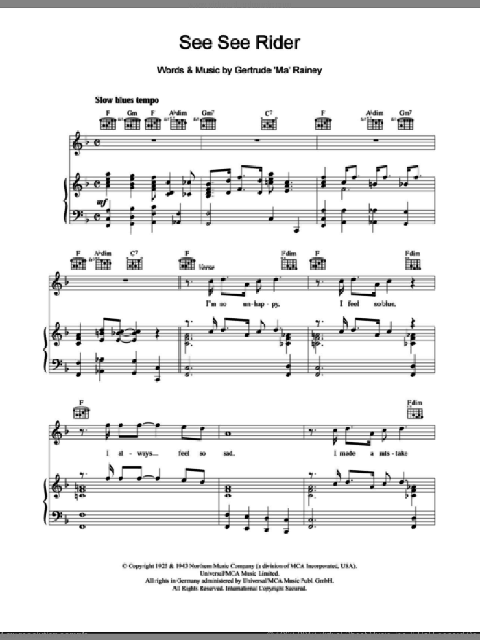 See See Rider sheet music for voice, piano or guitar by Ma Rainey, intermediate skill level