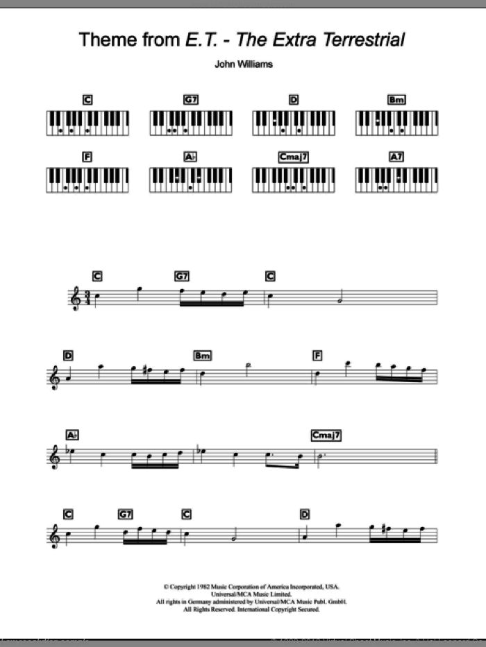 Theme from E.T. (The Extra-Terrestrial) sheet music for piano solo (chords, lyrics, melody) by John Williams, intermediate piano (chords, lyrics, melody)