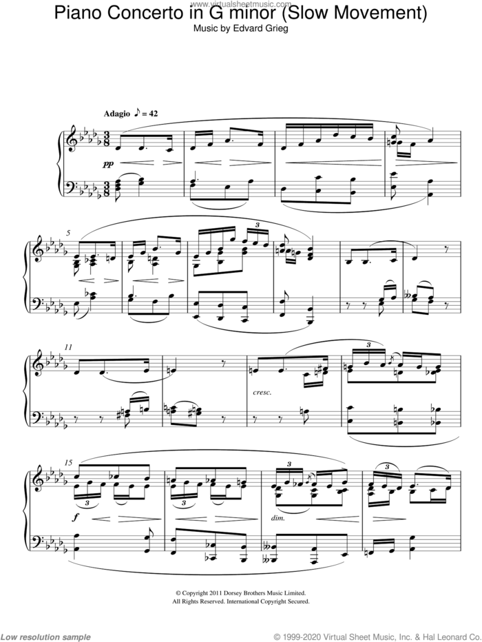 Piano Concerto in G minor (Slow Movement) sheet music for piano solo by Edvard Grieg, classical score, intermediate skill level