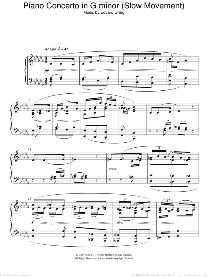 Piano Concerto in G minor (Slow Movement) sheet music for piano solo by Edvard Grieg, classical score, intermediate skill level