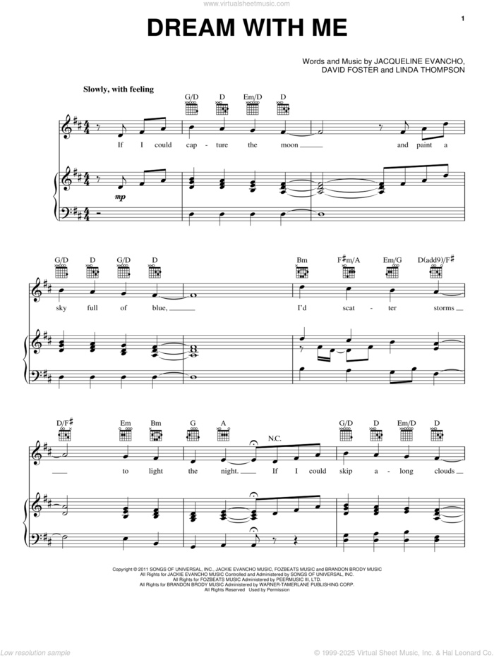 Dream With Me sheet music for voice, piano or guitar by Jackie Evancho, David Foster and Linda Thompson, intermediate skill level