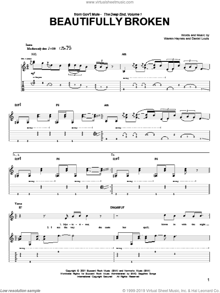 Beautifully Broken sheet music for guitar (tablature) by Warren Haynes and Daniel Louis, intermediate skill level