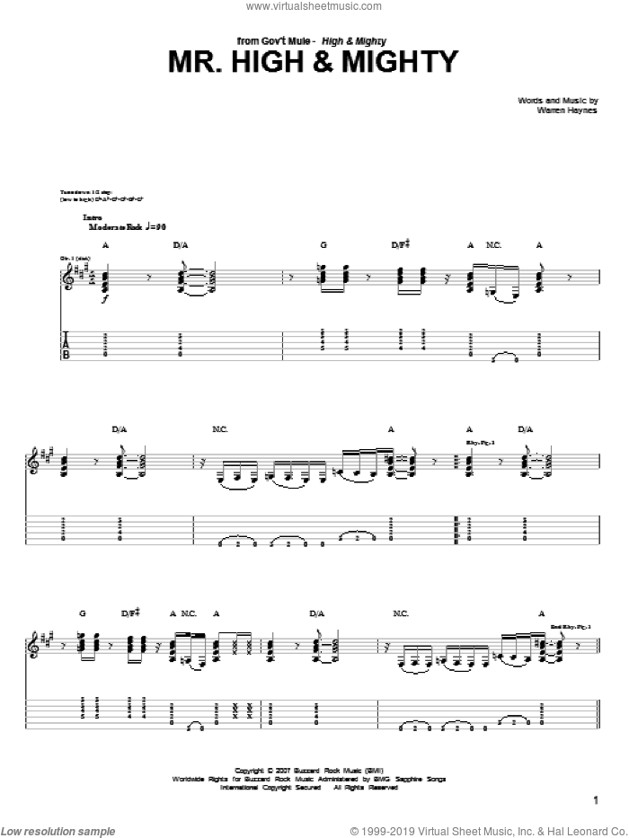 Mr. High and Mighty sheet music for guitar (tablature) by Warren Haynes, intermediate skill level