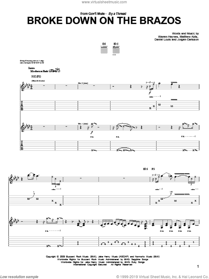 Broke Down On The Brazos sheet music for guitar (tablature) by Warren Haynes, Daniel Louis, Jorgen Carlsson and Matthew Abts, intermediate skill level