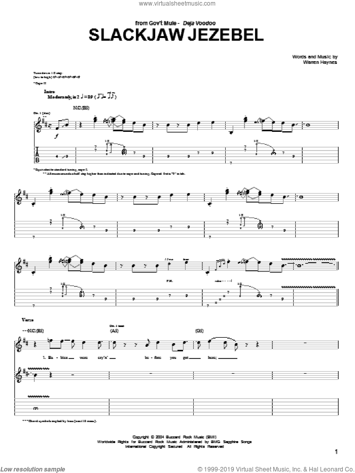 Slackjaw Jezebel sheet music for guitar (tablature) by Warren Haynes, intermediate skill level