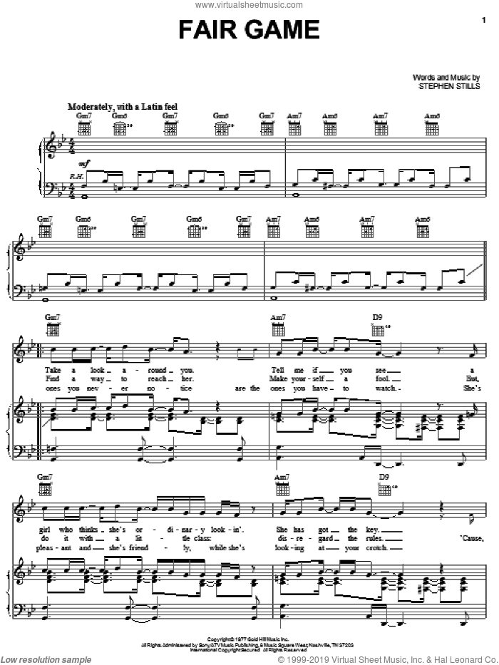 Fair Game sheet music for voice, piano or guitar by Crosby, Stills & Nash and Stephen Stills, intermediate skill level