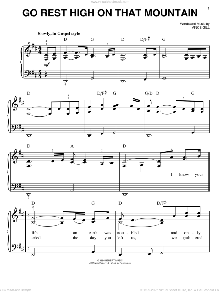 Go Rest High On That Mountain sheet music for piano solo by Vince Gill, easy skill level
