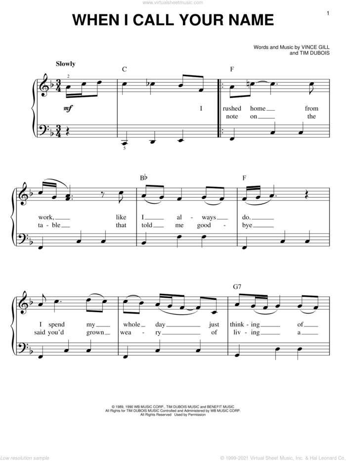 When I Call Your Name sheet music for piano solo by Vince Gill and Tim Dubois, easy skill level