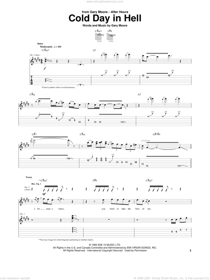 Cold Day In Hell sheet music for guitar (tablature) by Gary Moore, intermediate skill level