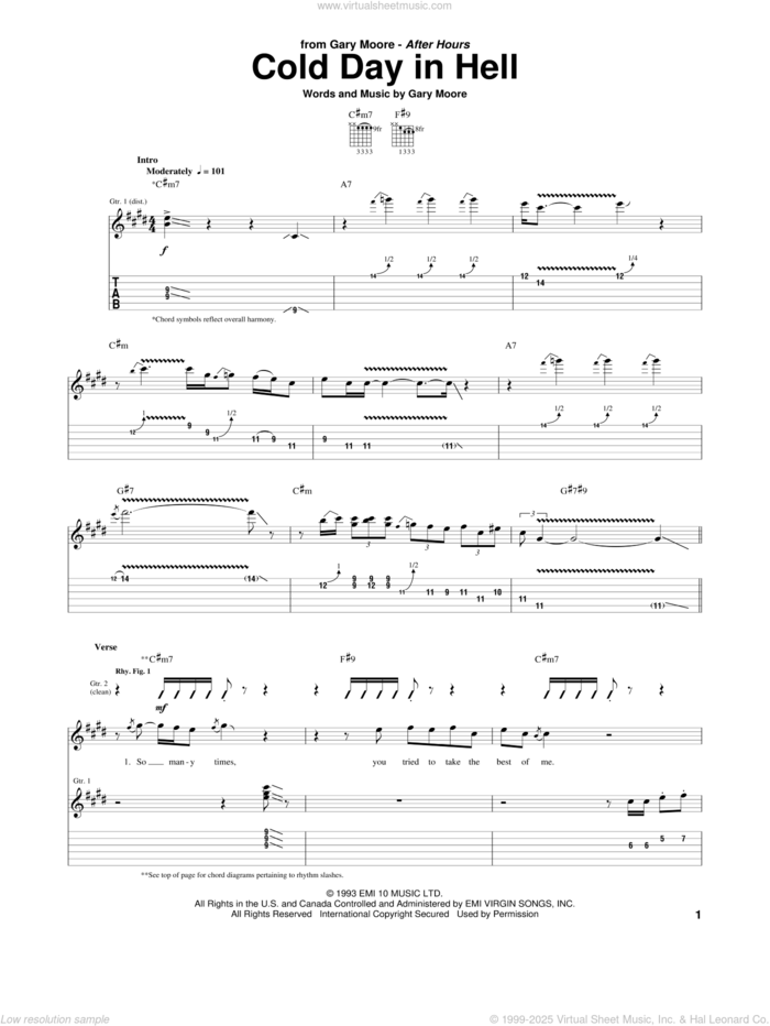 Cold Day In Hell sheet music for guitar (tablature) by Gary Moore, intermediate skill level