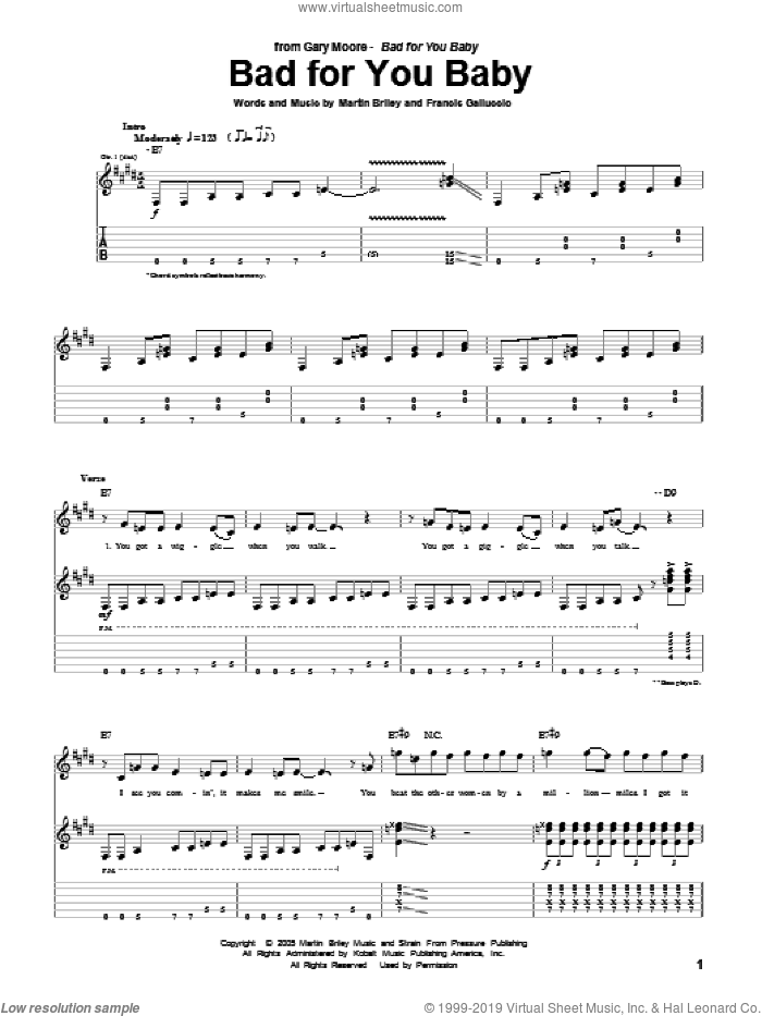 Bad For You Baby sheet music for guitar (tablature) by Gary Moore, Francis Galluccio and Martin Briley, intermediate skill level