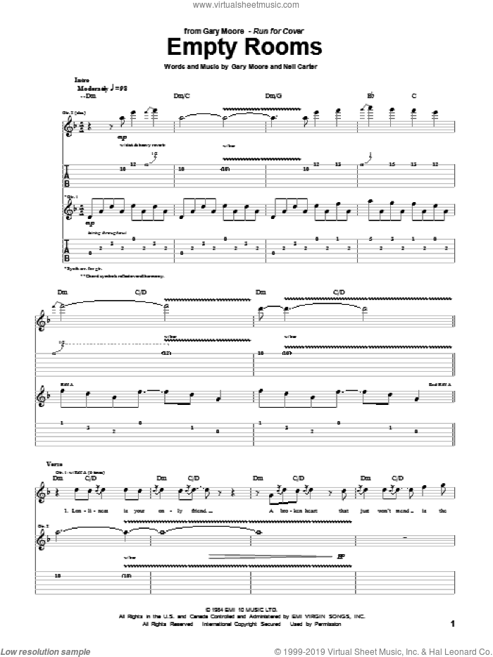 Empty Rooms sheet music for guitar (tablature) by Gary Moore and Neil Carter, intermediate skill level