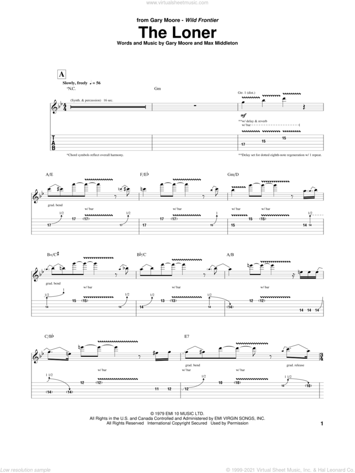 The Loner sheet music for guitar (tablature) by Gary Moore and Max Middleton, intermediate skill level