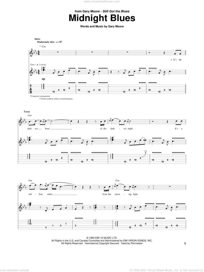 Midnight Blues sheet music for guitar (tablature) by Gary Moore, intermediate skill level