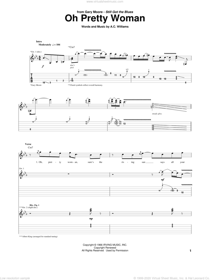Oh Pretty Woman sheet music for guitar (tablature) by Gary Moore, Albert King and A.C. Williams, intermediate skill level
