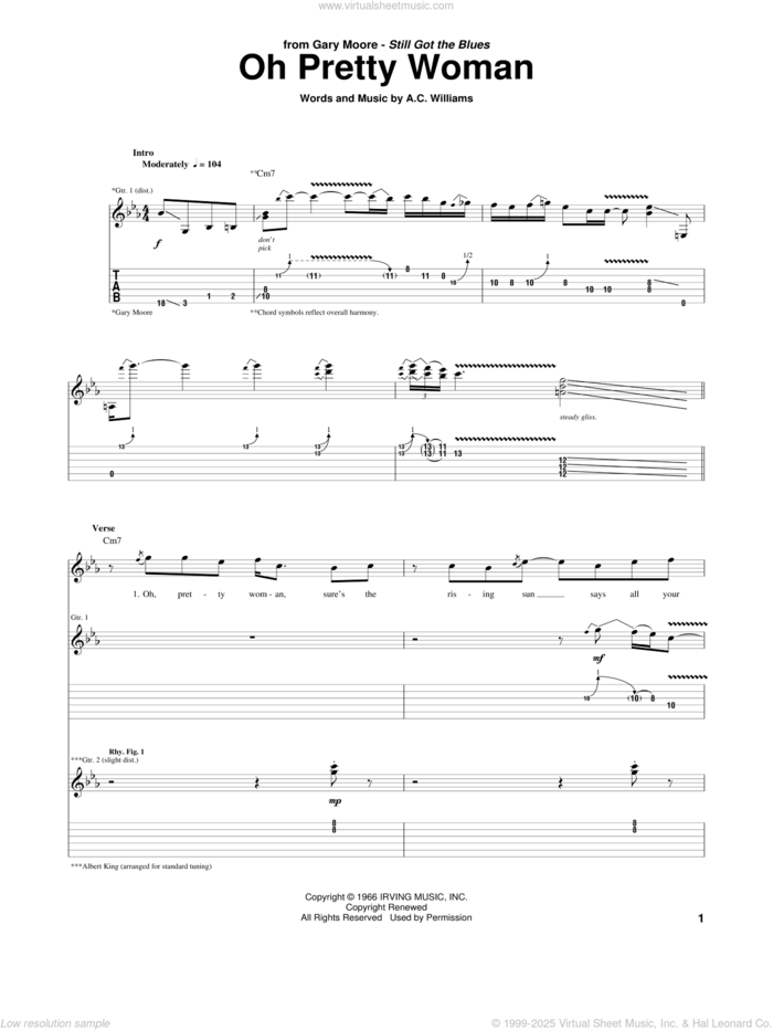 Oh Pretty Woman sheet music for guitar (tablature) by Gary Moore, Albert King and A.C. Williams, intermediate skill level