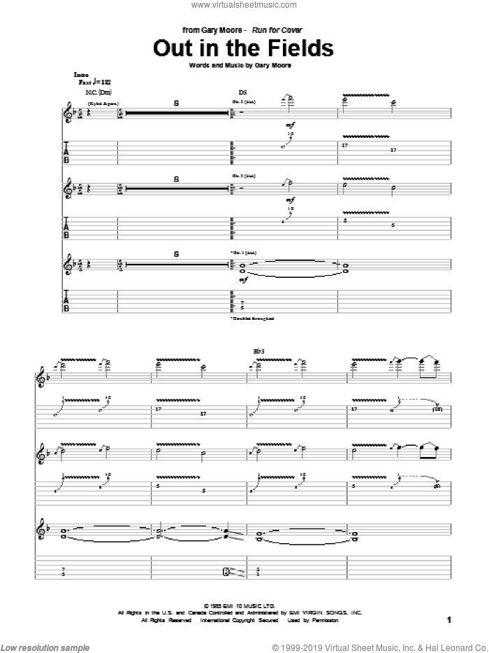 Out In The Fields sheet music for guitar (tablature) by Gary Moore, intermediate skill level