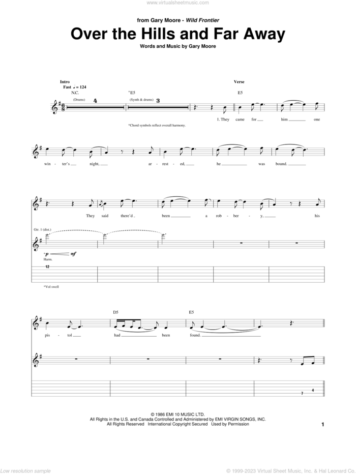 Over The Hills And Far Away sheet music for guitar (tablature) by Gary Moore, intermediate skill level