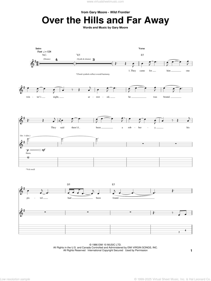 Over The Hills And Far Away sheet music for guitar (tablature) by Gary Moore, intermediate skill level