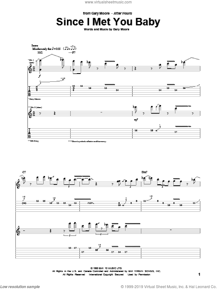 Since I Met You Baby sheet music for guitar (tablature) by Gary Moore and B.B. King, intermediate skill level