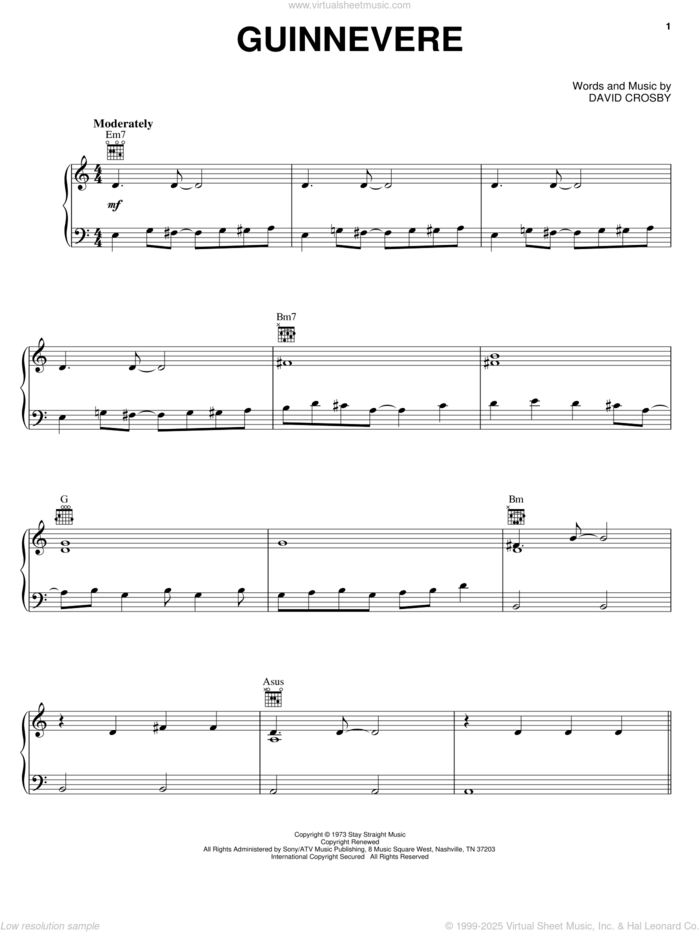 Guinnevere sheet music for voice, piano or guitar by Crosby, Stills & Nash and David Crosby, intermediate skill level