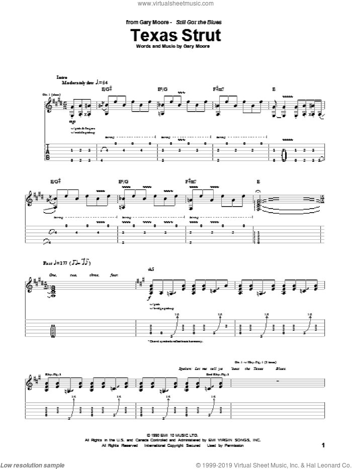 Texas Strut sheet music for guitar (tablature) by Gary Moore, intermediate skill level
