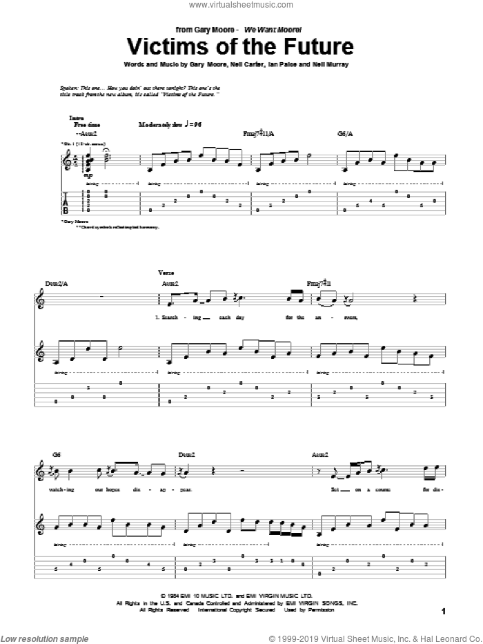 Victims Of The Future sheet music for guitar (tablature) by Gary Moore, Ian Paice, Neil Carter and Neil Murray, intermediate skill level