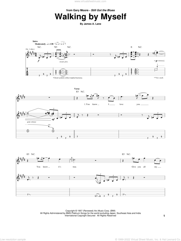 Walking By Myself sheet music for guitar (tablature) by Gary Moore, Jimmy Rogers and James A. Lane, intermediate skill level