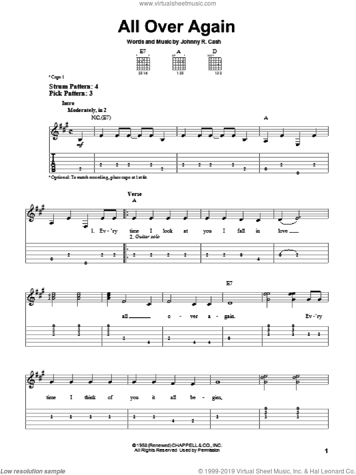 All Over Again sheet music for guitar solo (easy tablature) by Johnny Cash, easy guitar (easy tablature)