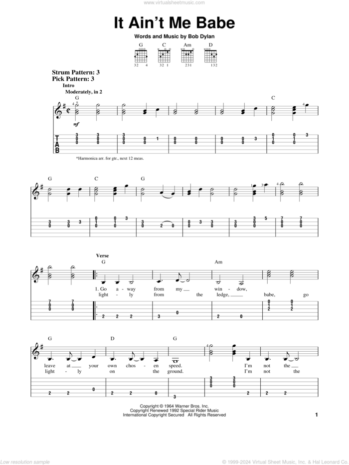 It Ain't Me Babe sheet music for guitar solo (easy tablature) by Johnny Cash and Bob Dylan, easy guitar (easy tablature)