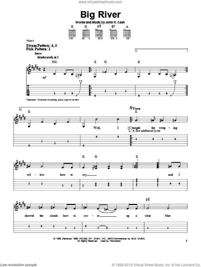Big River sheet music for guitar solo (easy tablature) by Johnny Cash, easy guitar (easy tablature)