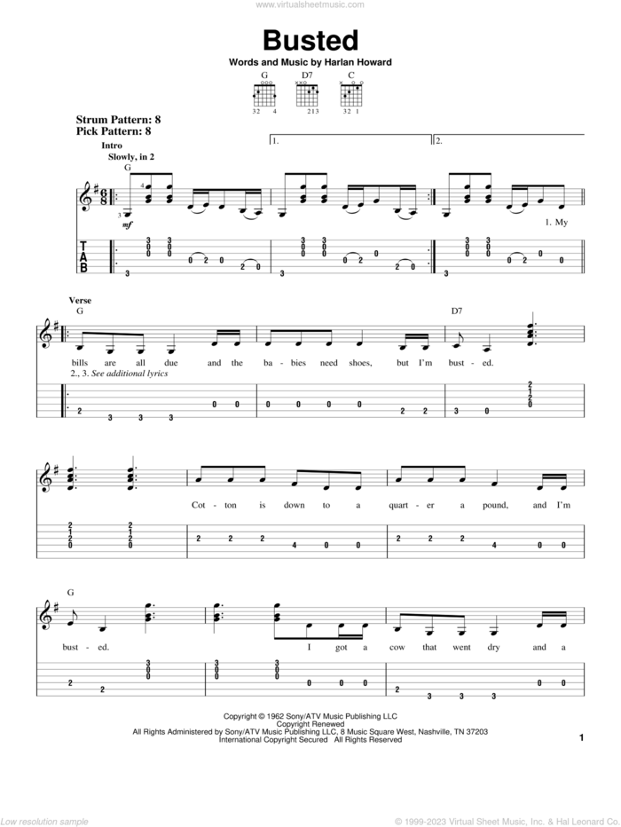 Busted sheet music for guitar solo (easy tablature) by Johnny Cash, John Conlee, Ray Charles and Harlan Howard, easy guitar (easy tablature)