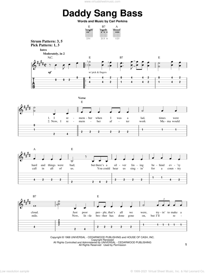 Daddy Sang Bass sheet music for guitar solo (easy tablature) by Johnny Cash and Carl Perkins, easy guitar (easy tablature)