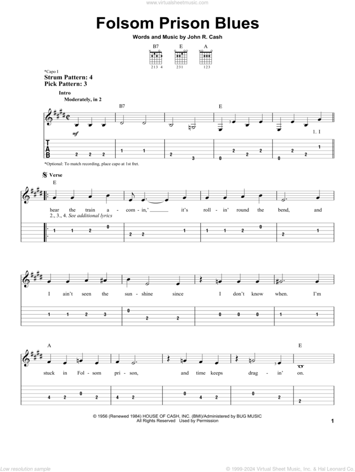 Folsom Prison Blues sheet music for guitar solo (easy tablature) by Johnny Cash, easy guitar (easy tablature)