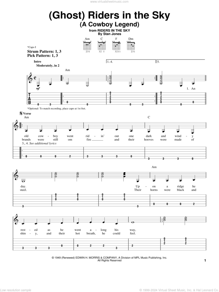 (Ghost) Riders In The Sky (A Cowboy Legend) sheet music for guitar solo (easy tablature) by Johnny Cash, The Ramrods and Stan Jones, easy guitar (easy tablature)