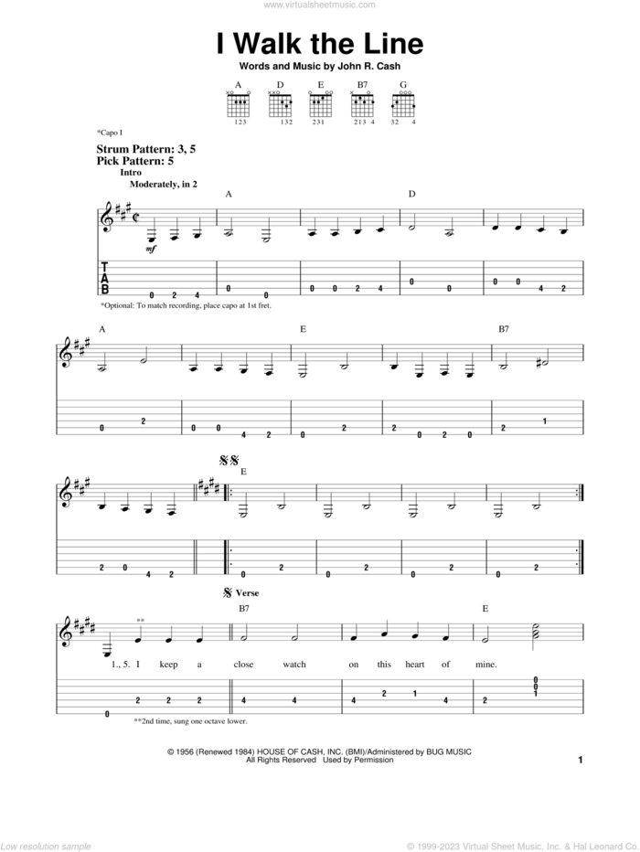 I Walk The Line sheet music for guitar solo (easy tablature) by Johnny Cash, easy guitar (easy tablature)
