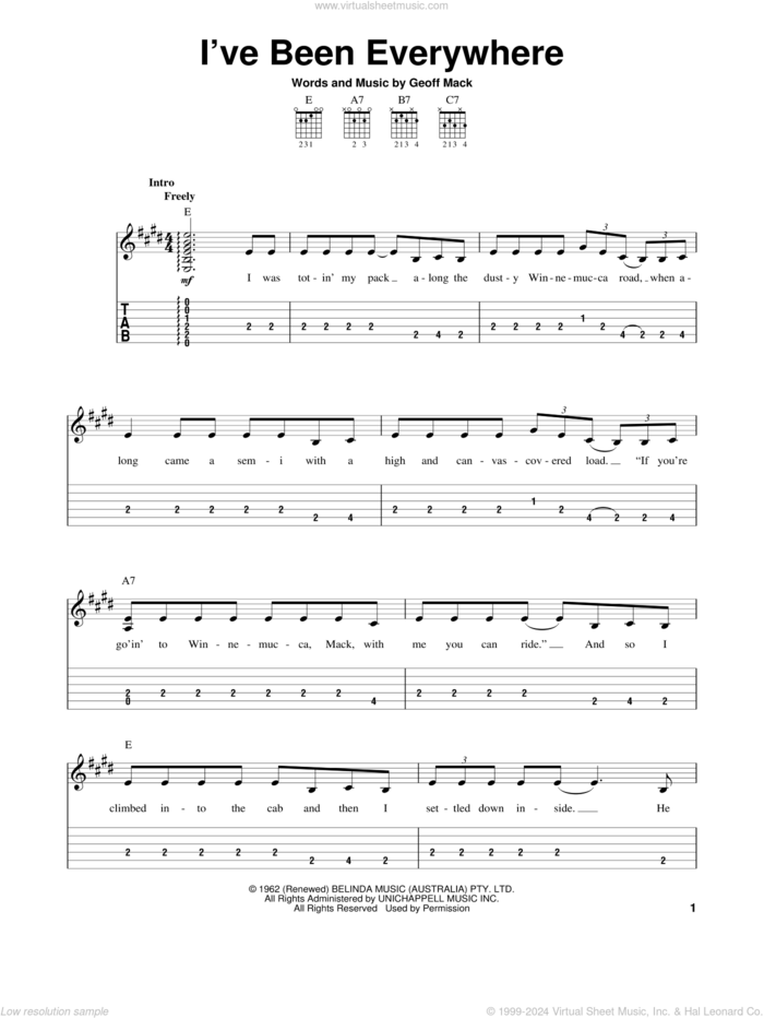 I've Been Everywhere sheet music for guitar solo (easy tablature) by Johnny Cash, Hank Snow and Geoff Mack, easy guitar (easy tablature)