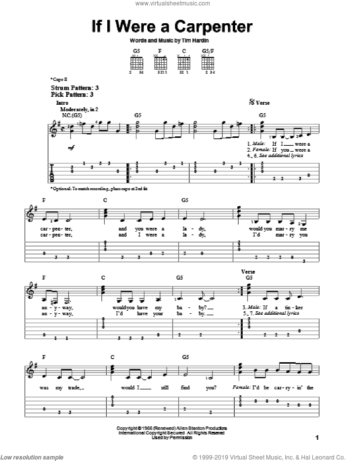 If I Were A Carpenter sheet music for guitar solo (easy tablature) by Johnny Cash, Bobby Darin and Tim Hardin, easy guitar (easy tablature)