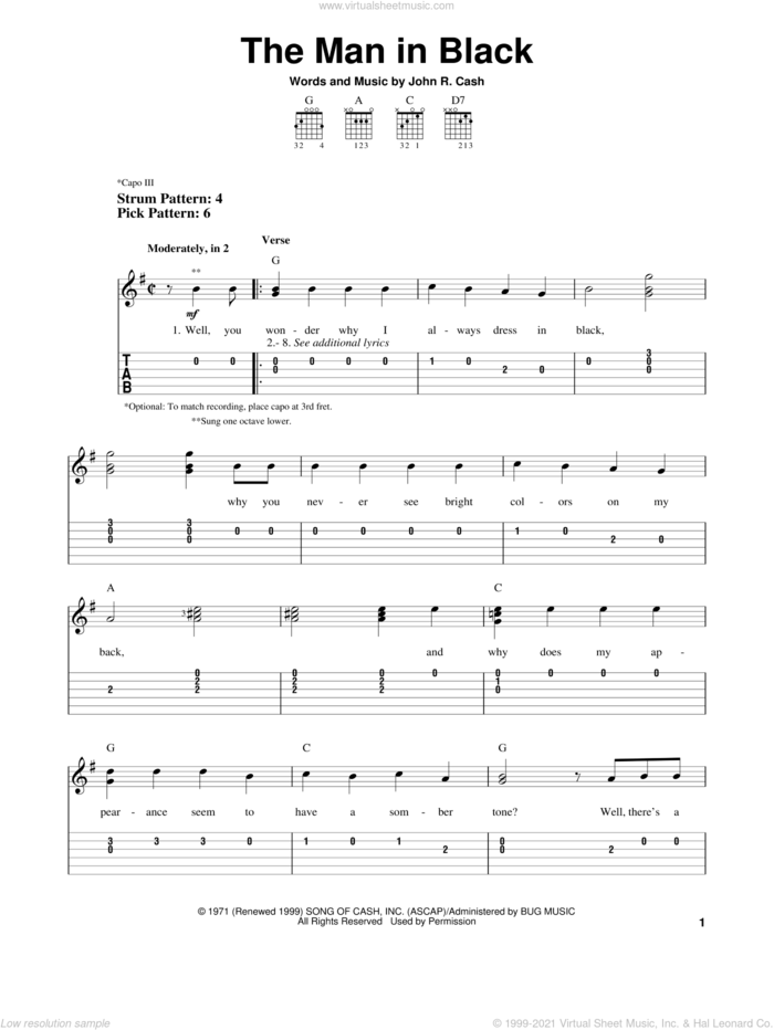 The Man In Black sheet music for guitar solo (easy tablature) by Johnny Cash, easy guitar (easy tablature)