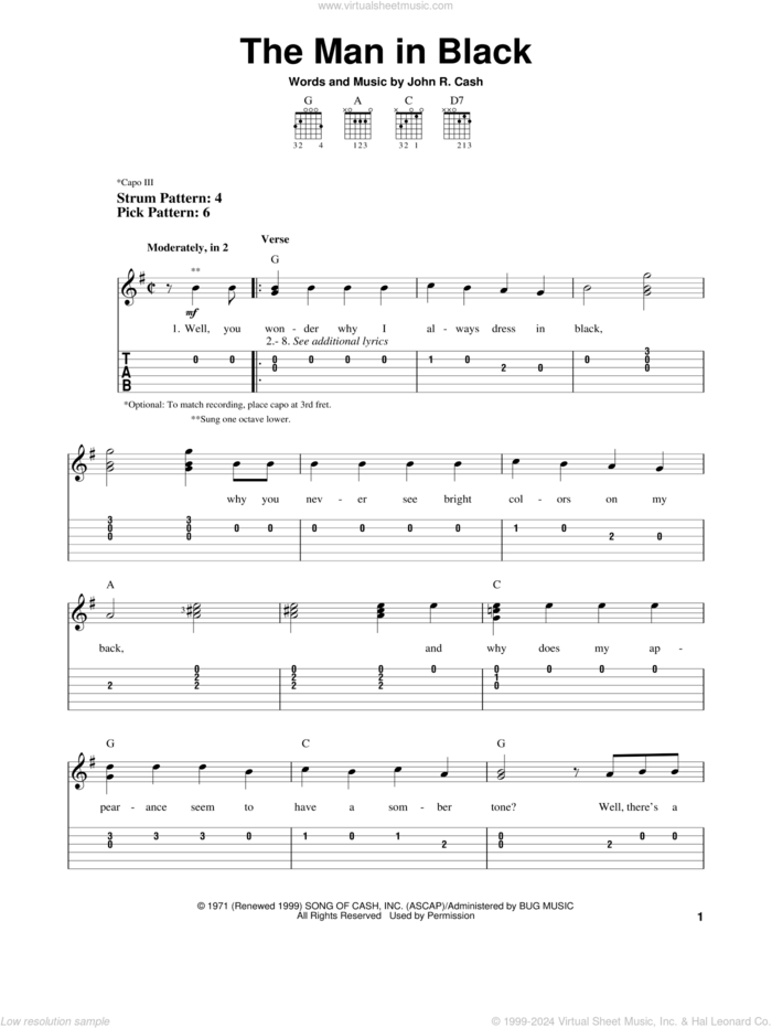 The Man In Black sheet music for guitar solo (easy tablature) by Johnny Cash, easy guitar (easy tablature)